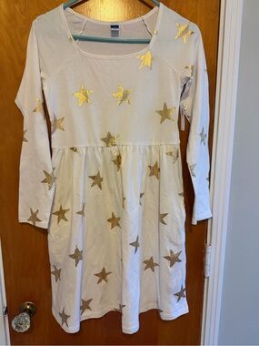 Old Navy White Long Sleeve Dress with Gold Star Print